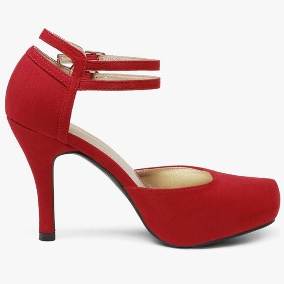 🩵NIB Red Faux Suede Leather Double Ankle Strap Platform Heels Size 7.5 - Picture 2 of 14